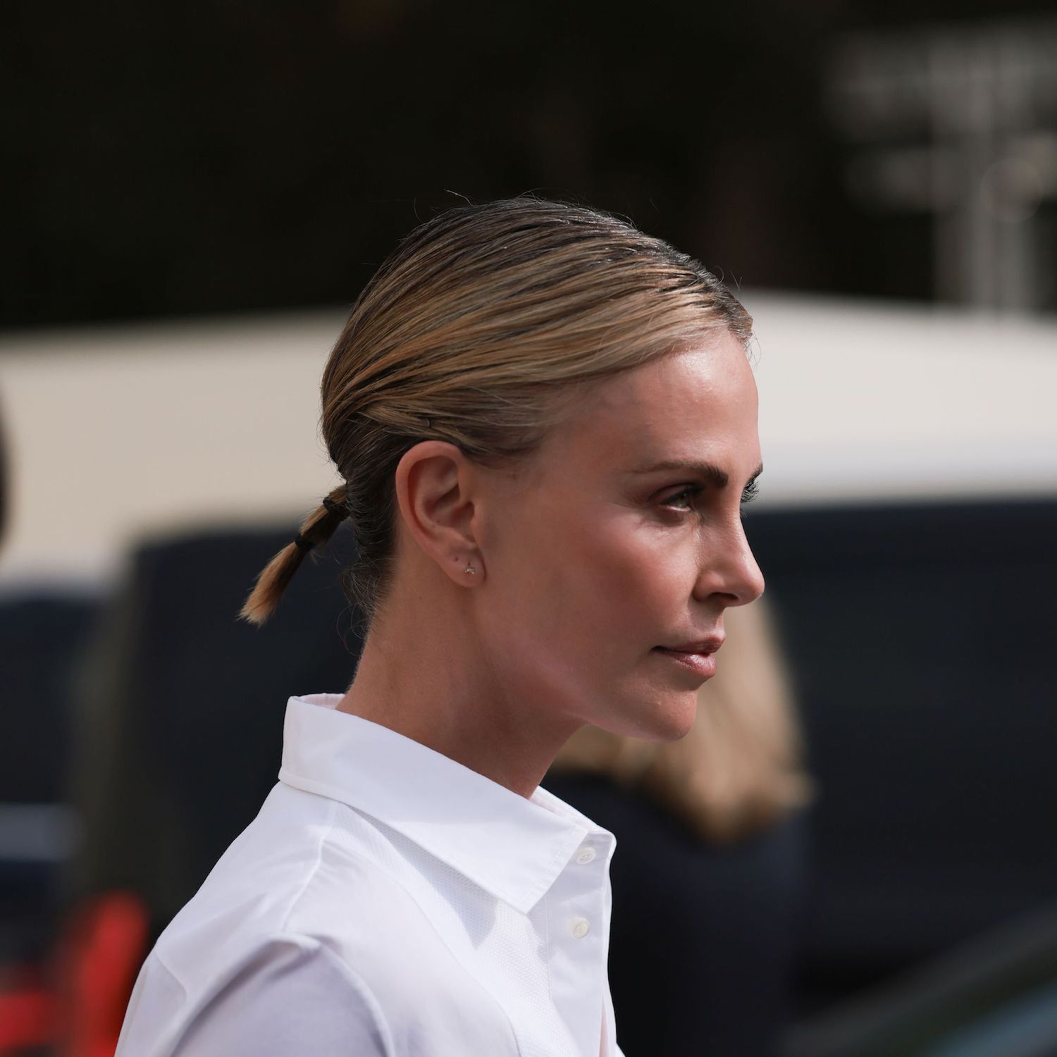 Charlize Theron with a teeny tiny bubble ponytail