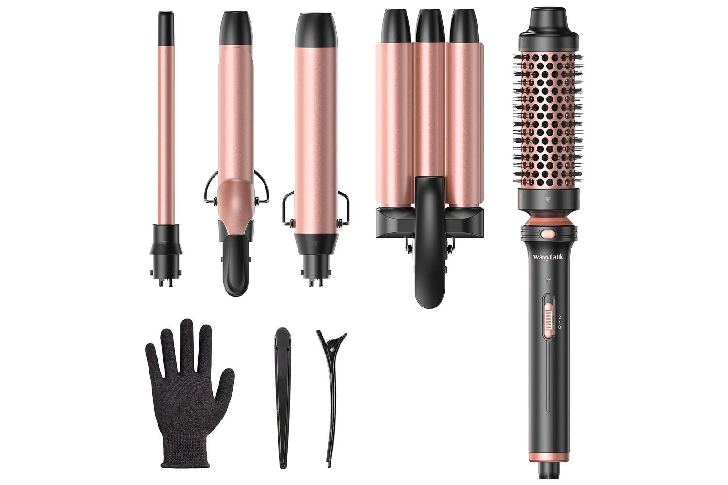 Wavytalk 5 in 1 Curling Wand Set, Dual Voltage Curling Iron Set with 5 Interchangeable Barrels Included A Thermal Brush, A Hair Crimper and 3 Ceramic Curling Wands(0.5"-1.25"), Rose Pink